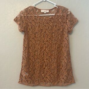 Ann Taylor LOFT copper rose gold colored lace short sleeve blouse size xs